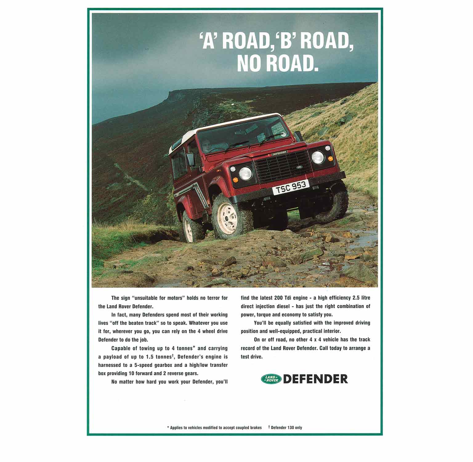 defender no road press ad